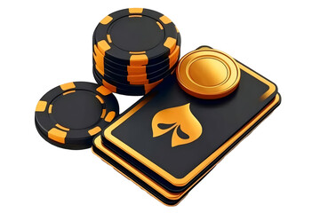 3d Illustration of Casino Gambling Cards and Chips Featuring Gold and Black Color on Transparent Background with Poker Game Elements for Entertainment and Leisure