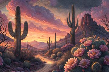 Desert Sunset Cactus Blossom Scene  Serene Landscape with Vibrant Sky and Blooming Cacti