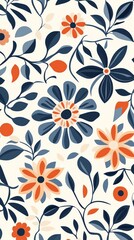 Floral Pattern with Dark Blue and Orange Flowers on Light Background