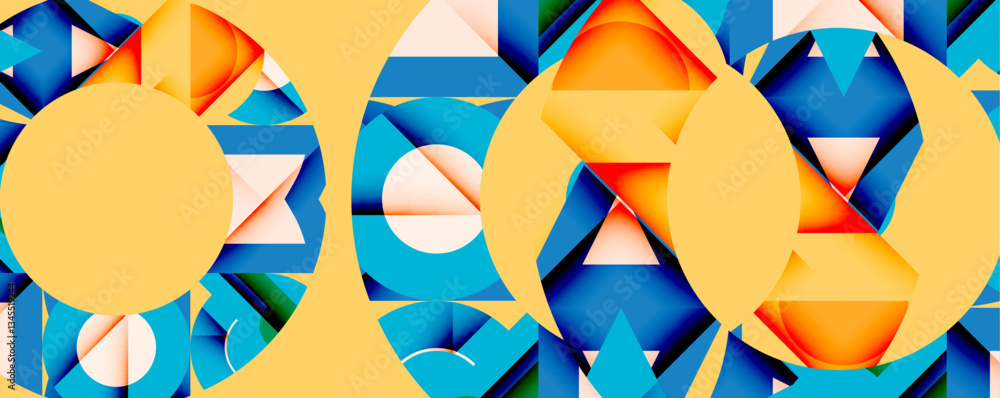 Poster Abstract geometric composition with interlocking circular and angular shapes, featuring smooth gradients and sharp contrasts on a white background