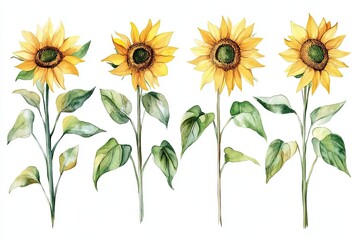 Fototapeta premium Set of watercolor Sunflower Leaves hand drawn on a white background