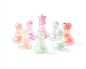 A vibrant arrangement of transparent glass chess pieces featuring a mix of pastel colors. Ideal for illustrating strategic gameplay, leisure activities, or artistic themes.