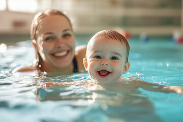 mother and baby in swimming pool