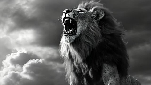 Black and white portrait of a majestic lion roaring, its mane flowing in the wind, with a bold and fierce expression, set against a dramatic stormy background.