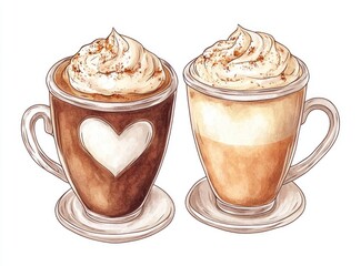 Two watercolor illustrations of hot drinks with whipped cream in glass mugs.