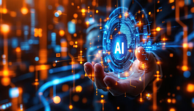 A human hand holding a digital AI concept symbol