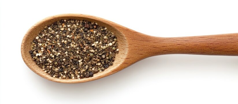 Wooden spoon filled with cumin seeds on a white background