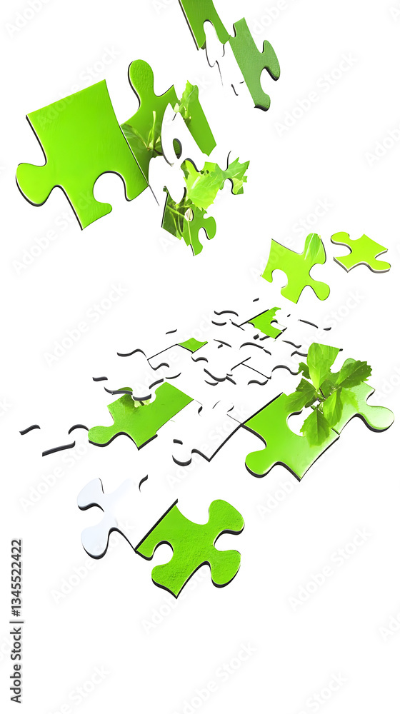 Aufkleber green abstract puzzle pieces falling illustration on transparent background for connection solution 