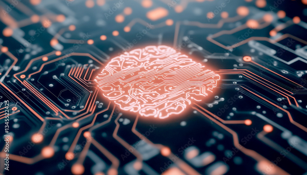 Poster futuristic brain design on a microchip circuit board.