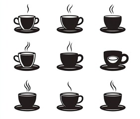 Obraz premium Nine simple black coffee cup icons on saucers, steaming.