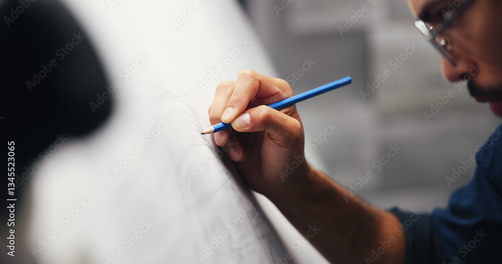 Poster hand, drawing or man with inspiration, architecture or blueprints for renovation project. urban deve