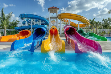 kids going down water slide at a park in summer 