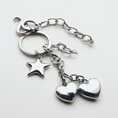 shiny silver keychain with heart and star charms