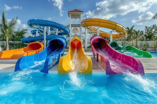 kids going down water slide at a park in summer 