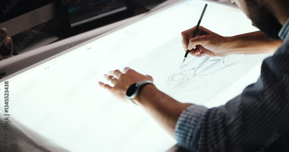 Poster Man, hands and designer with drawing for car prototype, modeling or graphic design on light table. Male person, mechanical engineer or digital sketch with 2D vehicle, blueprint or automobile project