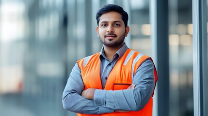Fototapeta premium A confident man in a safety vest stands with arms crossed, exuding professionalism and readiness in a modern environment.