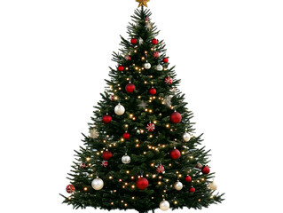 Fototapeta premium Illustration of a Christmas Tree with Red and White Baubles Lights and a Star on a Transparent Background for Festive Holiday Decoration and Celebration