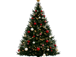 Illustration of a Christmas Tree with Red and White Baubles Lights and a Star on a Transparent Background for Festive Holiday Decoration and Celebration
