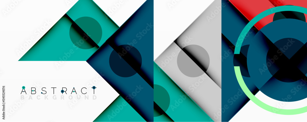 Poster Abstract geometric composition with overlapping triangles, circles, and gradients, featuring a central circular design with text