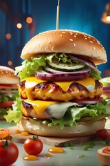 A succulent chicken burger showcases a perfectly grilled and seasoned chicken patty with crisp lettuce, juicy tomatoes, and melted cheese, all sandwiched between fluffy sesame seed buns.