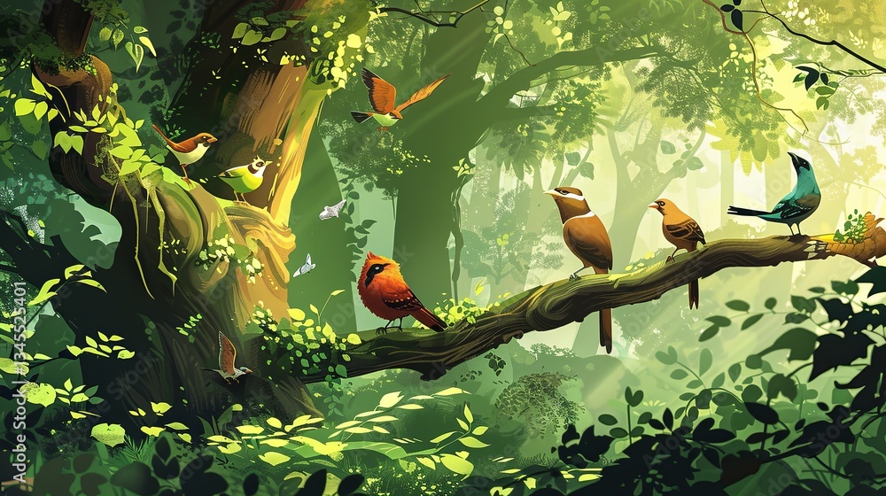 Aufkleber colorful birds perched on branches in a vibrant forest surrounded by lush greenery at dawn generativ