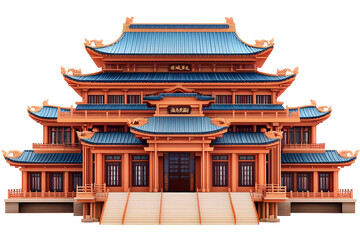 Illustration of a Traditional Chinese Temple Architecture with Blue Tiled Roof and Intricate Wooden Details a Cultural Landmark and Religious Symbol on Transparent Background
