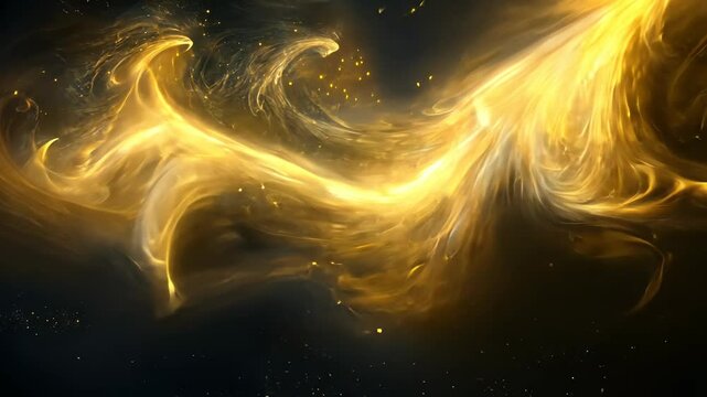 Golden dust swirling in soft motion, glowing gently against a dark background, creating a mystical and luxurious atmosphere