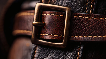 Craftsmanship in Detail: An intricate close-up captures the texture of meticulously stitched leather and a metallic buckle. This evokes a sense of luxury, durability, and timeless elegance
