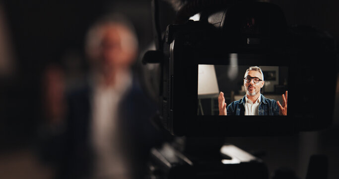 Man, camera screen and recording in interview for talk, design tutorial or development process. Mature person, civil engineer or building designer with display for helpful tips, presentation or guide