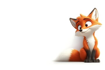 Fototapeta premium Cute cartoon fox smiling, holding a blank white sign for messages. For advertising uses