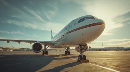 Obraz premium Airplane on the Tarmac Ready for Takeoff with Golden Sunset Light
