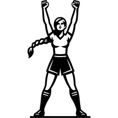 Sport emblem of female football player raised her hands up in victory in monochrome. Engraving minimalistic vector in black ink drawing on transparent background