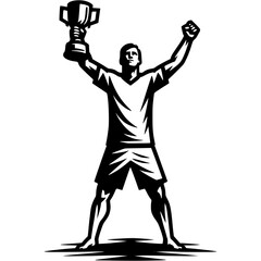 Tattoo emblem of player captain of beach soccer team raises his hands in victory holding main prize cup in monochrome. Engraving minimalistic vector in black ink drawing on transparent background