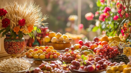 Haft-Seen table with sprouted wheat, fresh fruit, and traditional decor, symbolizing renewal and celebration of Nowruz.