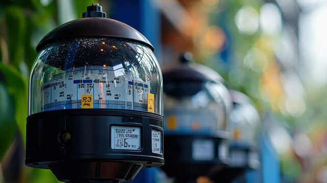 close-up of rain gauges and humidity monitors, advanced technology, vibrant and organized environment, precise and modern equipment