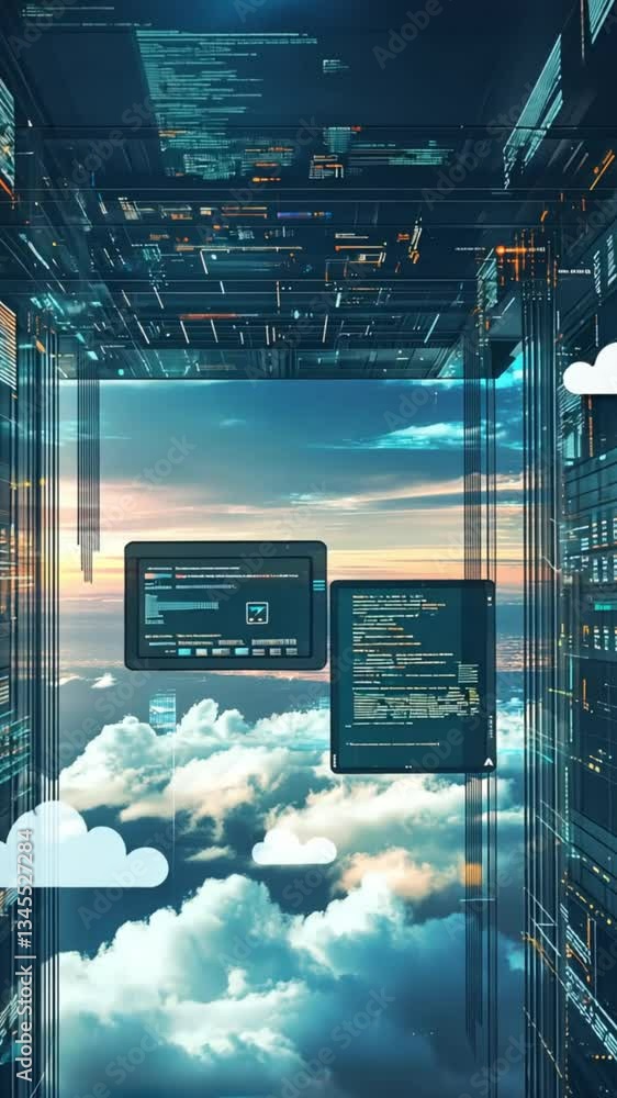 Poster digital cloudscape: a futuristic vision of cloud computing and data storage.