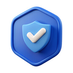 Blue shield with white checkmark. Security, protection, safety, verified, approval, confirmation. Digital asset. Minimal 3d cartoon icon render, isolated on a transparent background, PNG.
