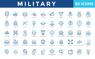 Military icon set with military, tank, army, helicopter, warship, submarine, fighter jet, soldier, marines, airforce icon. Simple outline color vector 
