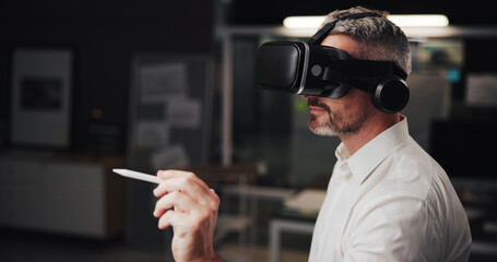 Office, man and creativity with virtual reality for drawing, sketching and future design for architect. Night, mature person and engineer with technology for AR goggles, metaverse and user experience