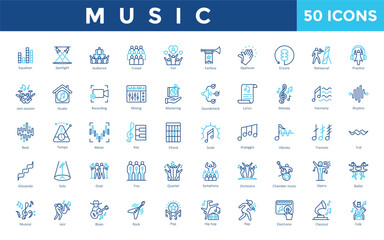 Music icon set with equalizer, spotlight, audience, crowd, fan, fanfare, applause, encore, rehearsal, practice icon. Simple outline color vector 
