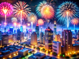 Futuristic 2025 New Year: Vibrant Fireworks & Cityscape, Tilt-Shift