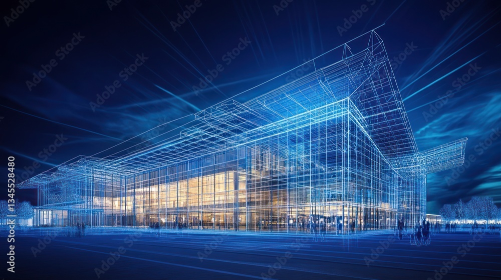 Poster architectural rendering of a modern building at night. possible use stock photo for architectural de