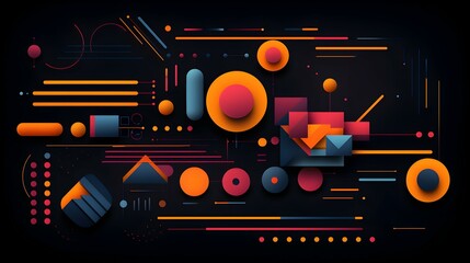 Obraz premium A vibrant explosion of geometric shapes and lines celebrating dynamic energy and connection in a dark, stylish composition.