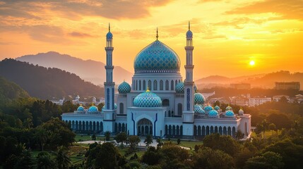 Obraz premium Majestic Mosque Sunrise, Malaysian Hills
