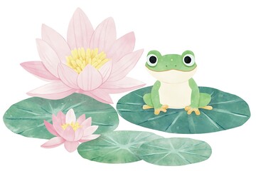 Cute frog sits on lily pad near water lilies; illustration for children's book