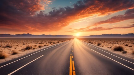 Naklejka premium Asphalt road disappearing into a vibrant sunset over a desert landscape.