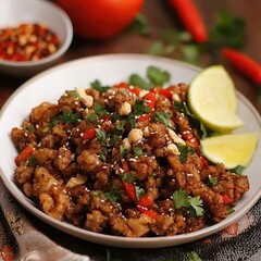 Plate of textured fried food alternative in savory sauce garnished with peanuts cilantro and red pepper served with fresh lime wedges on a white background