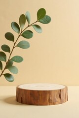 Rustic Wooden Display Platform with Lush Green Branch for Product Presentation and Nature-Inspired Branding