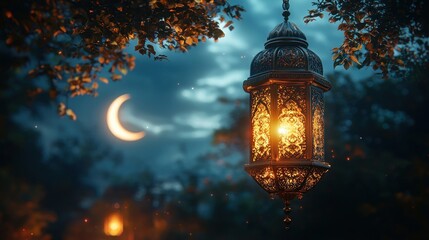 Glowing Lantern Hanging Under Night Sky