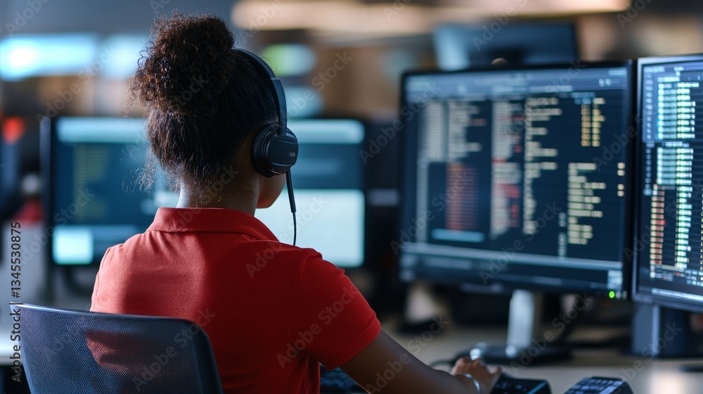 Poster professional woman working at computer with multiple monitors in a modern office environment